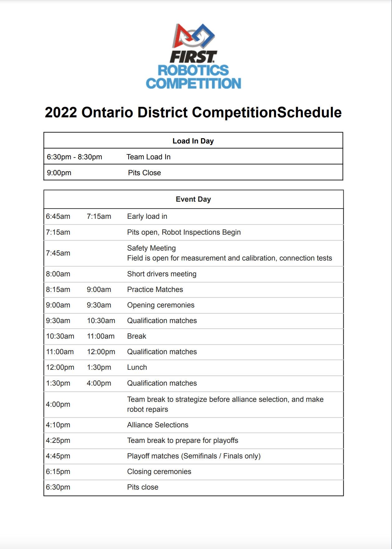 2022 Ontario District University of North Bay FRC Event Agenda FIRST